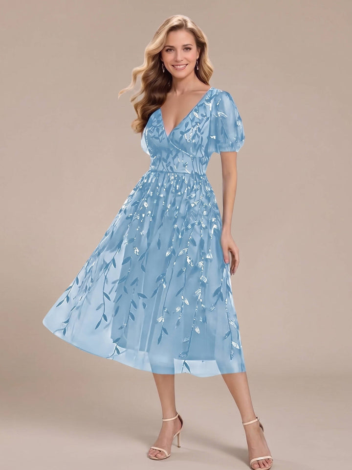 Robe midi trapèze en tulle brodé pour femme, à manches volantées