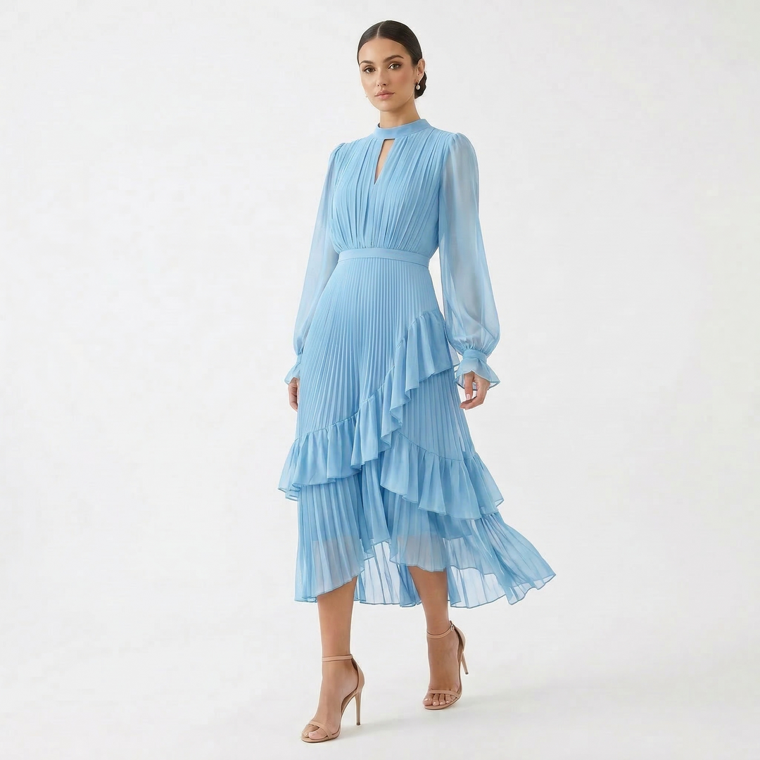 Women's Satin Pleated Ruffle Long-Sleeve Maxi Dress