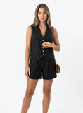Ensemble femme en lin avec gilet et short, tailleur deux pièces ajusté