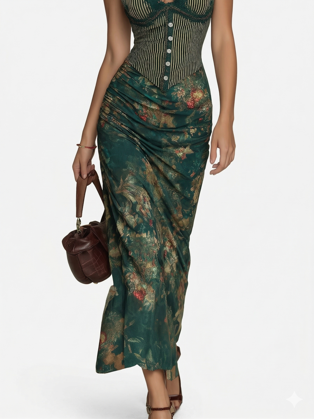 Women's Floral & Striped Linen A-Line Maxi Dress with Lace Trim