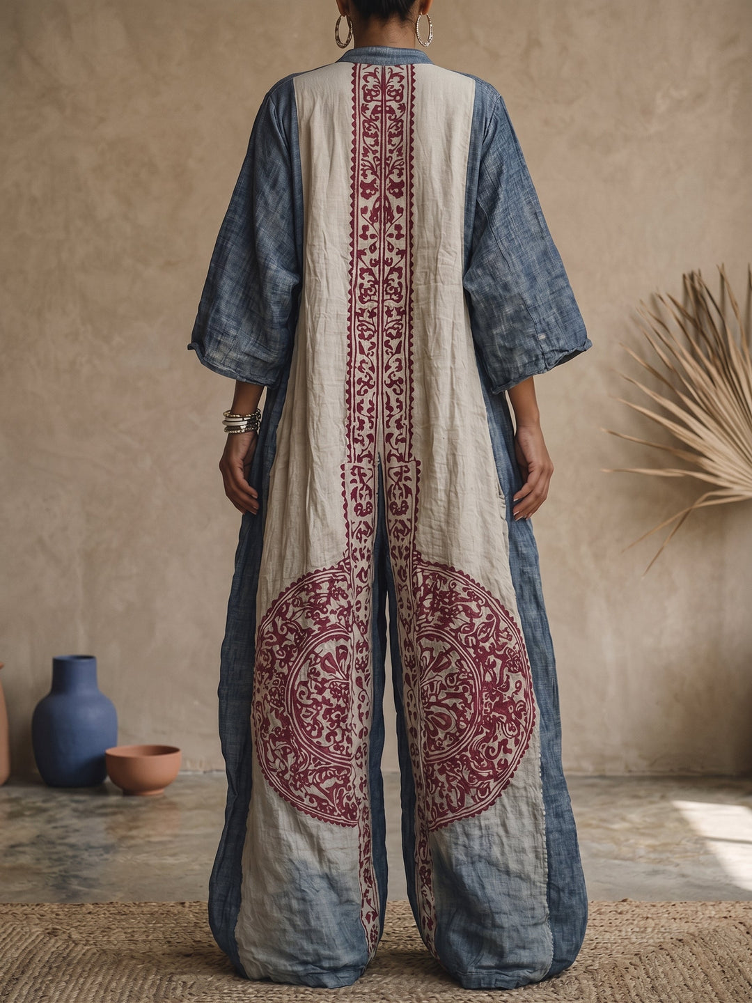 Női lenvászon etnikai boho, laza, bő szárú kantáros overall