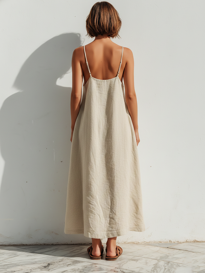 Women's Linen Blend Casual Loose Strap A-Line Maxi Dress