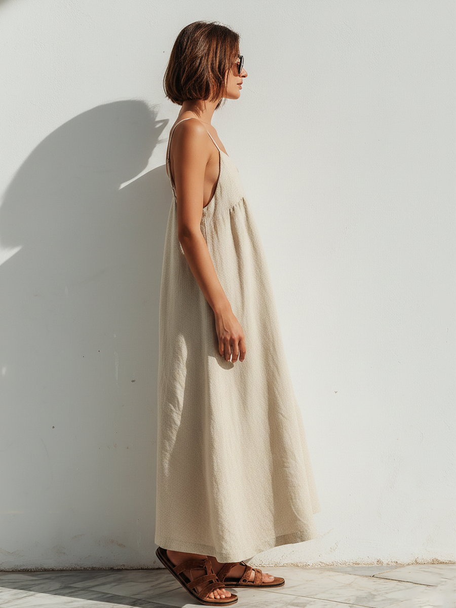 Women's Linen Blend Casual Loose Strap A-Line Maxi Dress