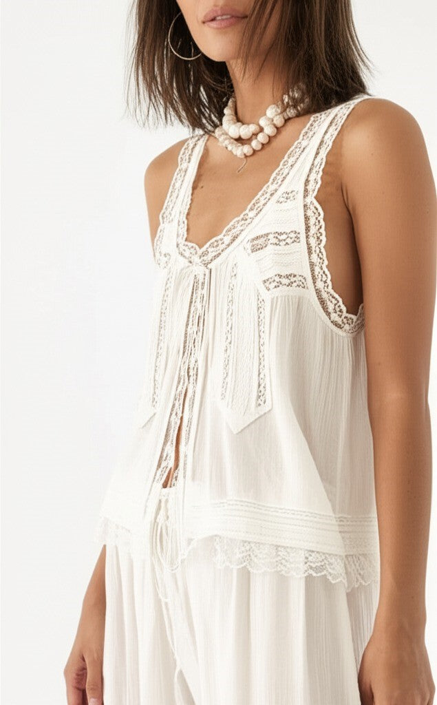 Women's Linen Lace Blouse Pants Set