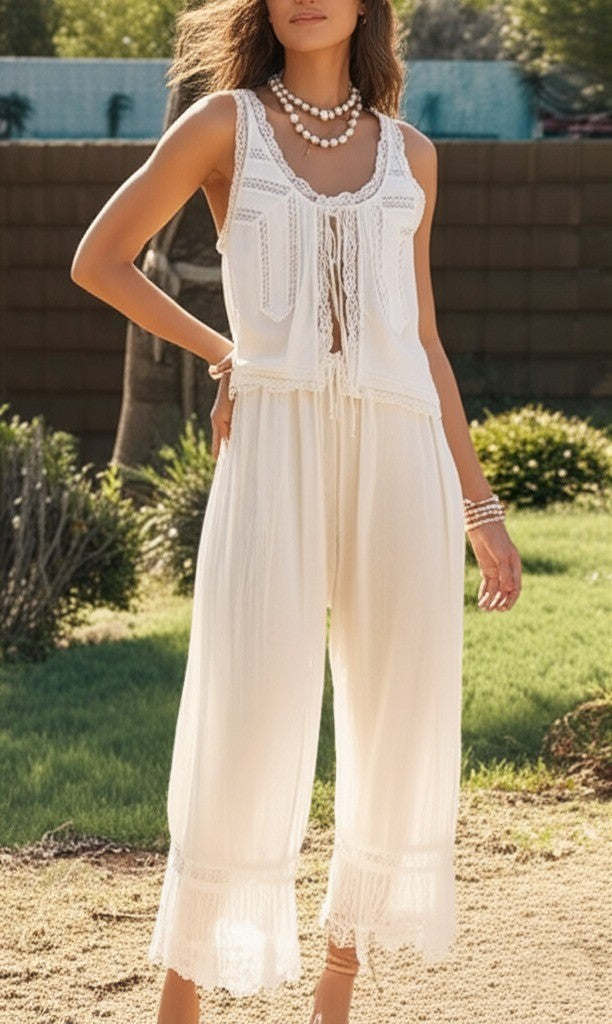 Women's Linen Lace Blouse Pants Set
