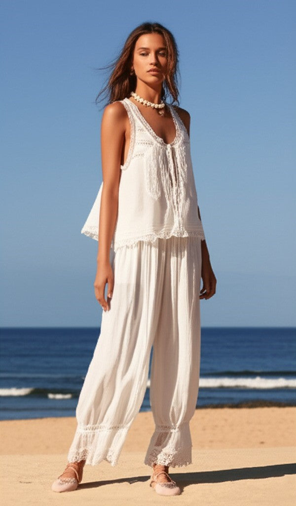 Women's Linen Lace Blouse Pants Set