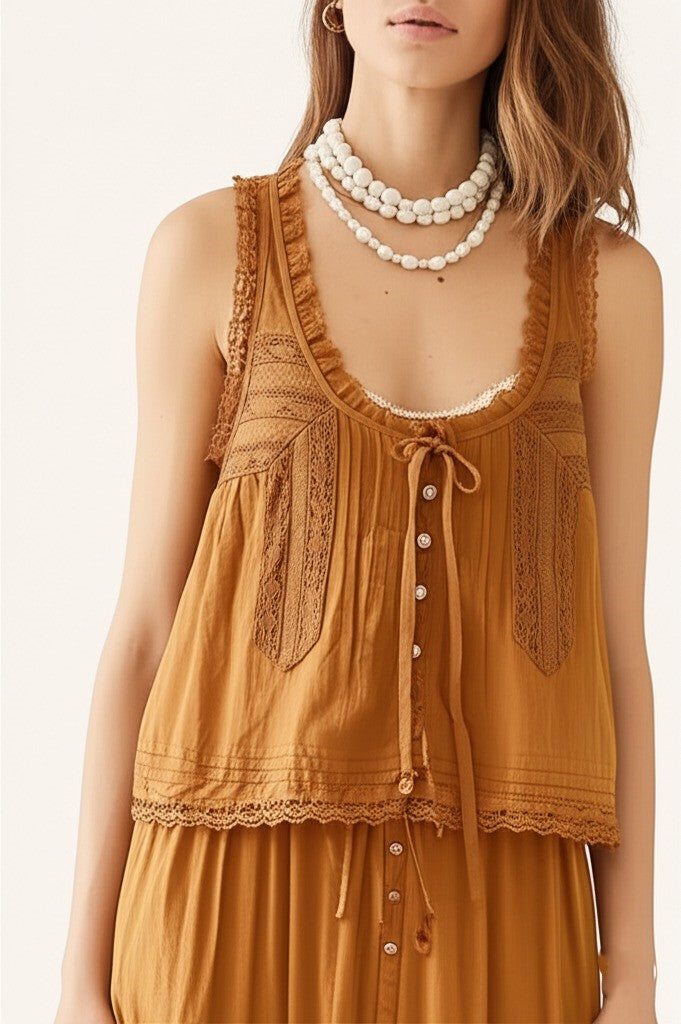 Women's Linen Lace Blouse Pants Set