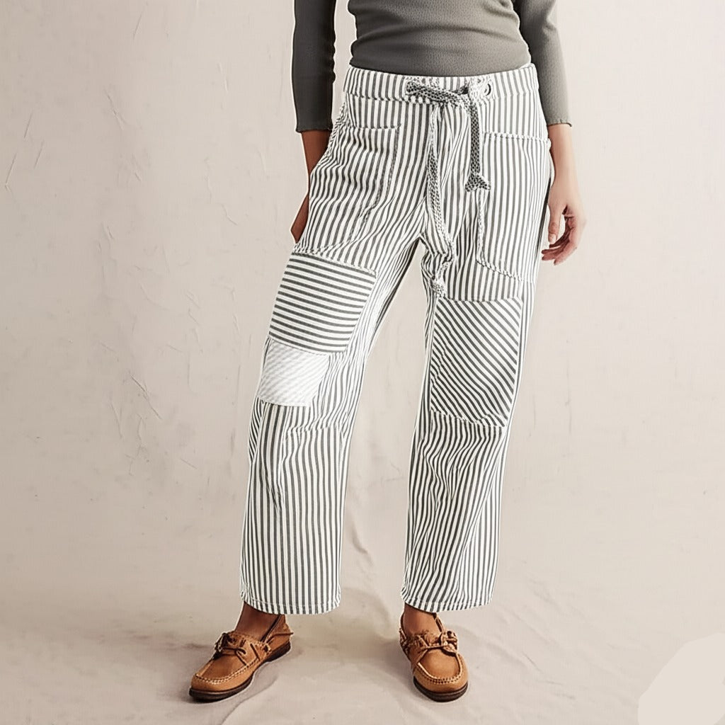 Dámské pruhované lněné kalhoty se stahovací šňůrkou, volné ležérní kalhoty