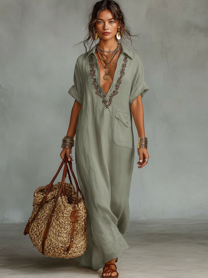 Women's Linen Blend V Neck Casual Beach Boho Dress Maxi Dress