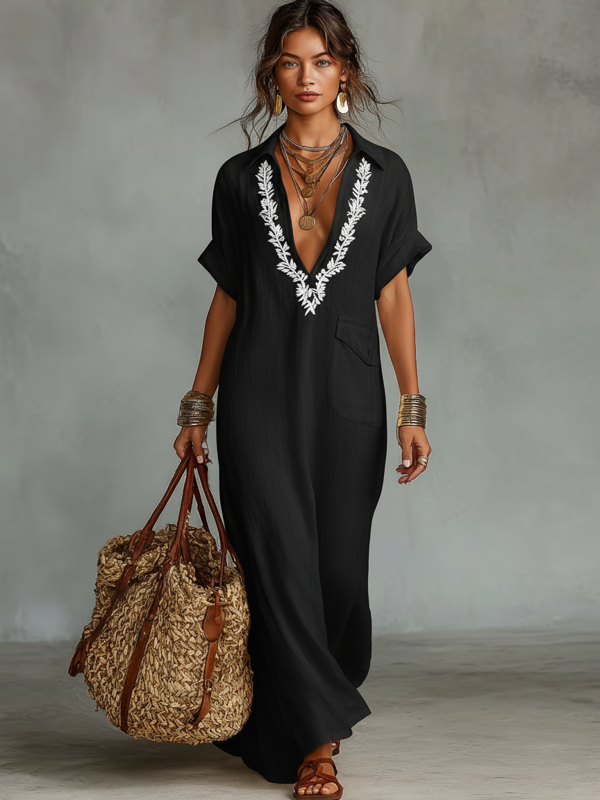 Women's Linen Blend V Neck Casual Beach Boho Dress Maxi Dress