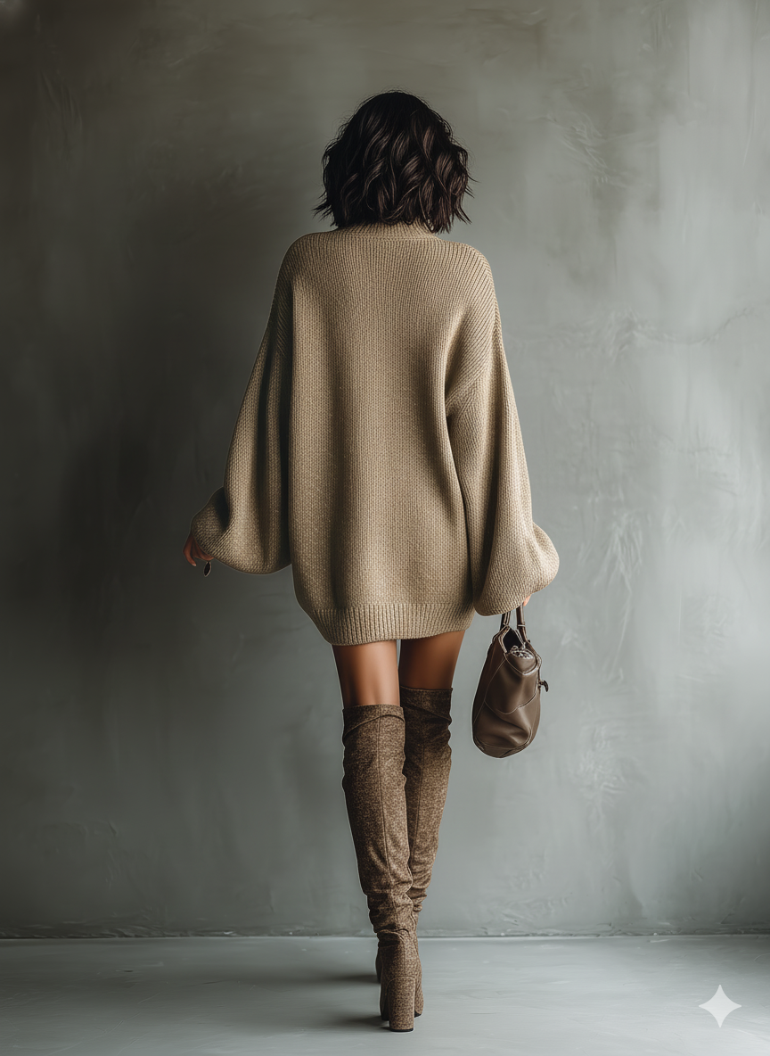 Dámské pletené svetrové šaty s oversized rolákem na přetažení