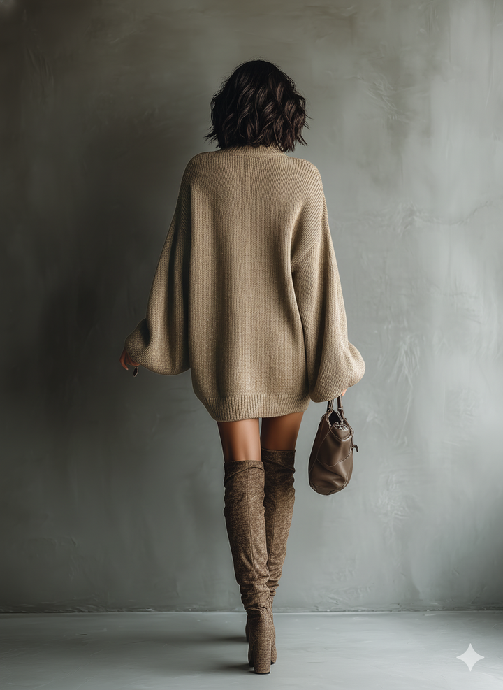 Dámské pletené svetrové šaty s oversized rolákem na přetažení