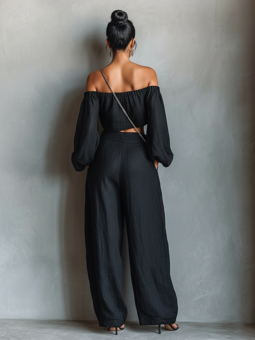 Women's Linen Blend Off-Shoulder Long Sleeve Crop Top & Wide-Leg Pants Set
