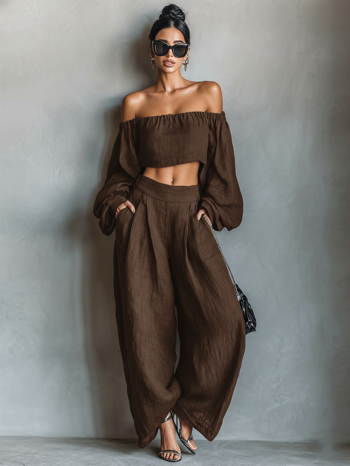Women's Linen Blend Off-Shoulder Long Sleeve Crop Top & Wide-Leg Pants Set