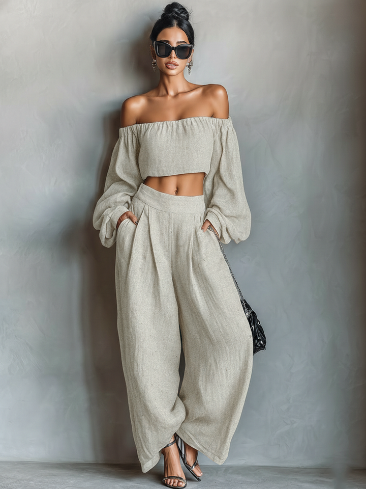 Women's Linen Blend Off-Shoulder Long Sleeve Crop Top & Wide-Leg Pants Set