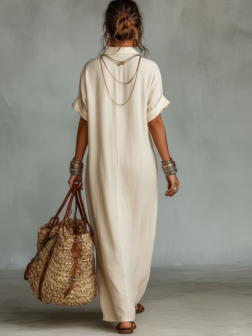 Women's Linen Blend V Neck Casual Beach Boho Dress Maxi Dress