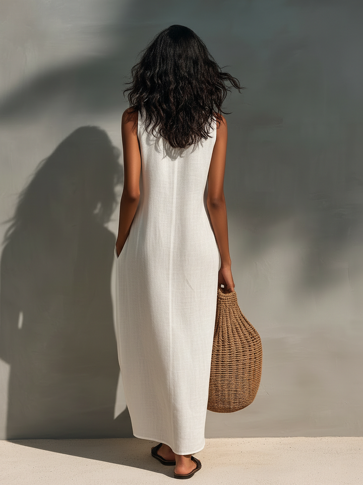 Women's Loose Sleeveless V-Neck Linen Maxi Sun Dress
