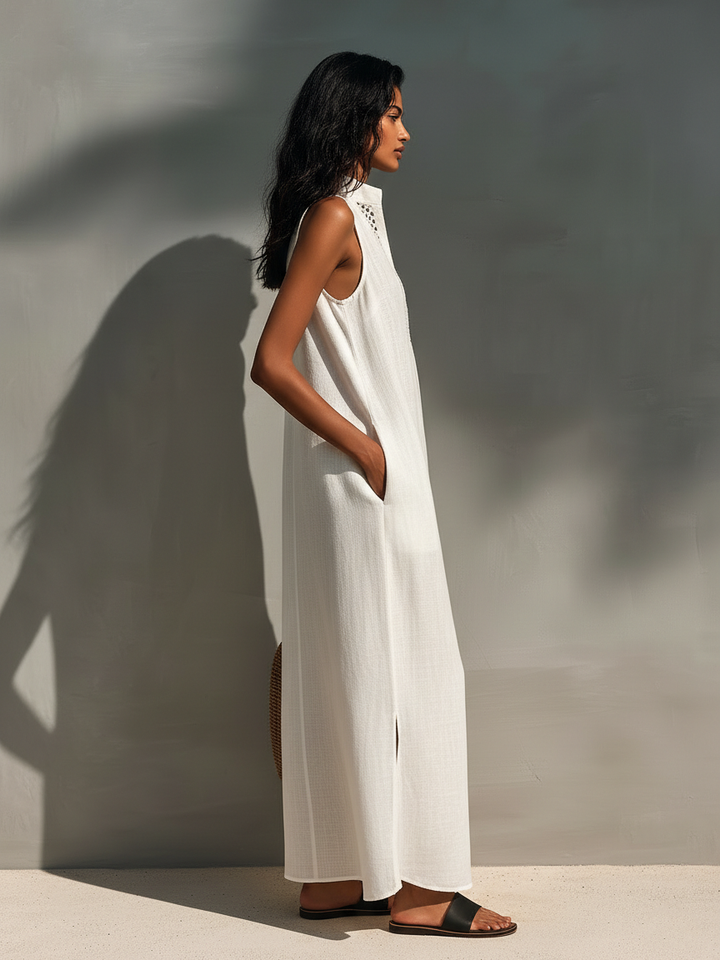 Women's Loose Sleeveless V-Neck Linen Maxi Sun Dress