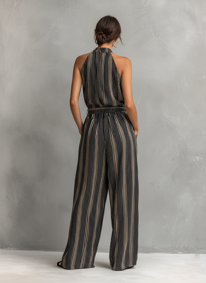 Combinaison-pantalon dos nu en maille rayée pour femme, à jambes larges