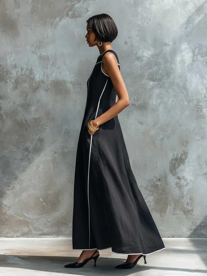 Women's Linen Blend Contrast Trim Sleeveless A-Line Maxi Dress