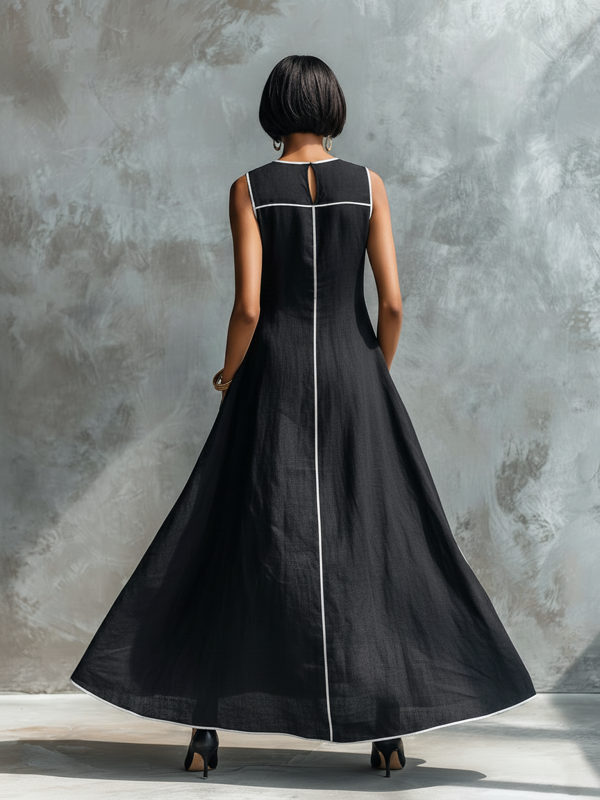 Women's Linen Blend Contrast Trim Sleeveless A-Line Maxi Dress