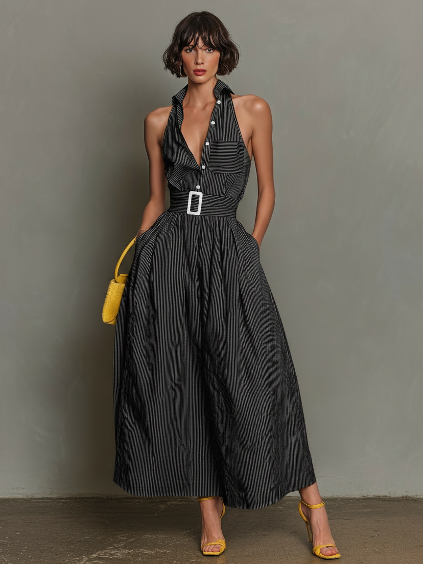 Women's Rayon Blend Lapel Sleeveless Pleated Maxi Dress