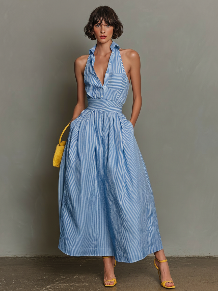 Women's Rayon Blend Lapel Sleeveless Pleated Maxi Dress