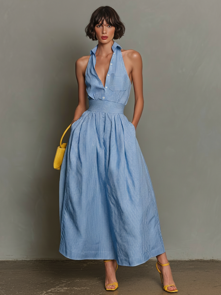 Women's Rayon Blend Lapel Sleeveless Pleated Maxi Dress