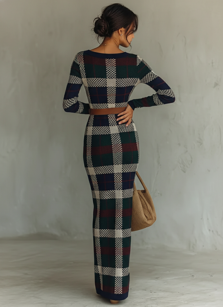 Women's Long Sleeve Knit Plaid Slim Fit Maxi Dress
