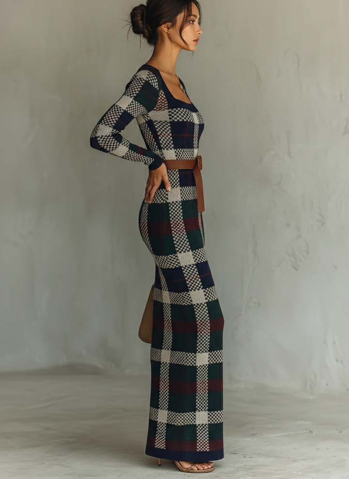 Women's Long Sleeve Knit Plaid Slim Fit Maxi Dress