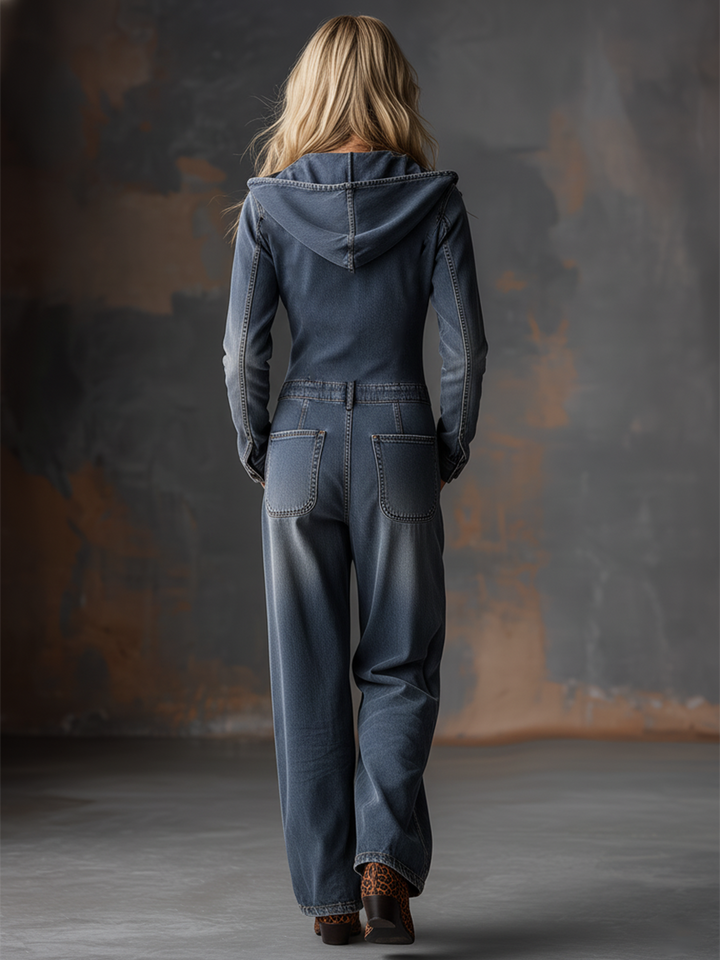 Women’s Denim Jumpsuit Long Sleeve Hooded Jean Boiler Suit Long Romper