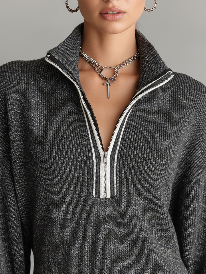 Robe-pull mini en maille pour femme à manches ballon et demi-zip