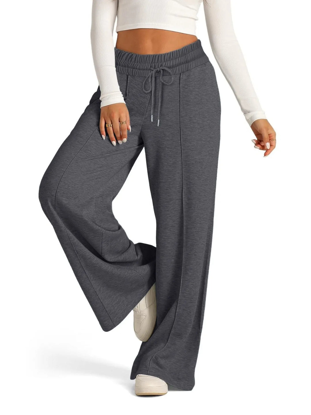 Women's Knit Wide Leg Lounge Pants Drawstring Trousers