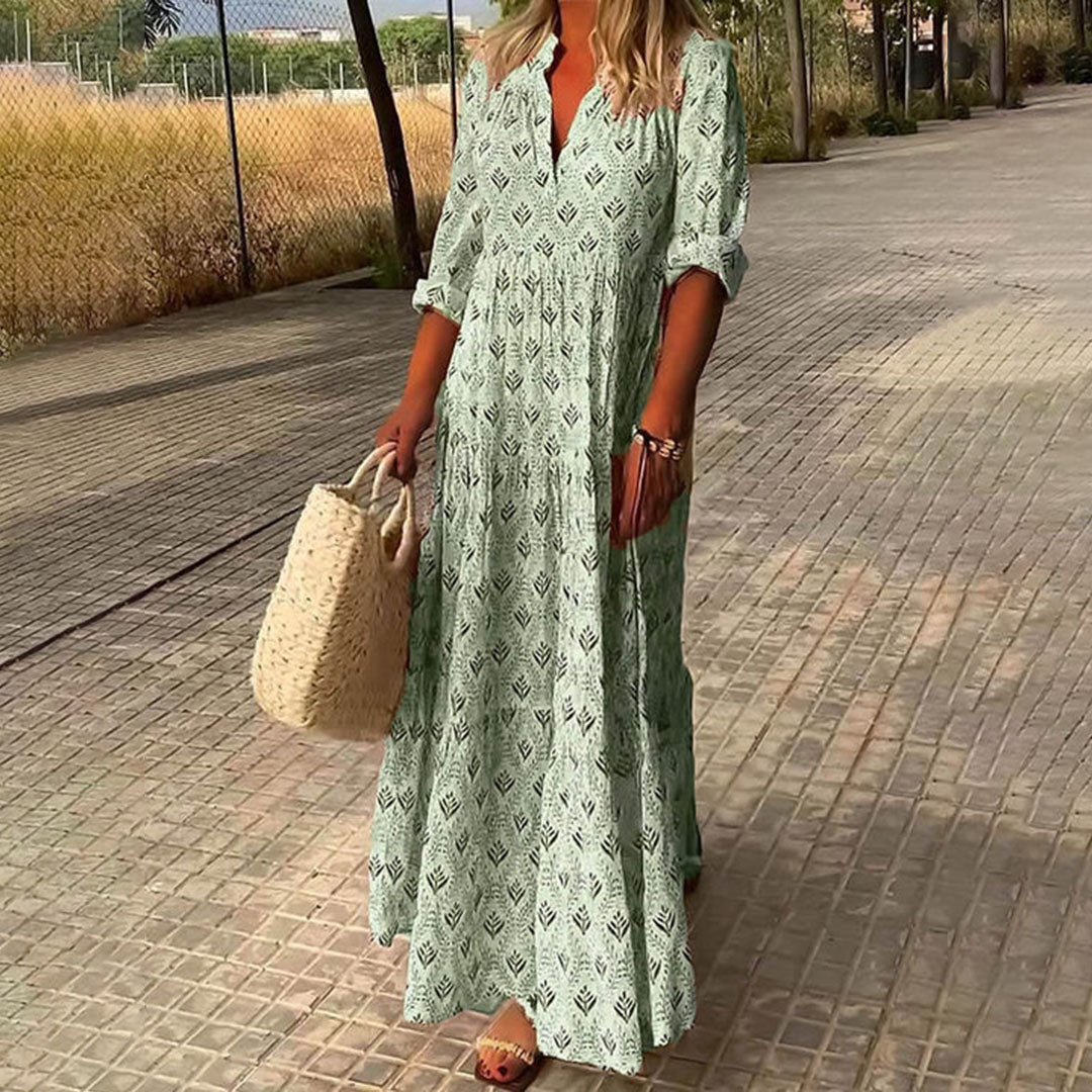Linen Women Boho Maxi V-Neck Long Sleeve Flowy Kaftan Dress