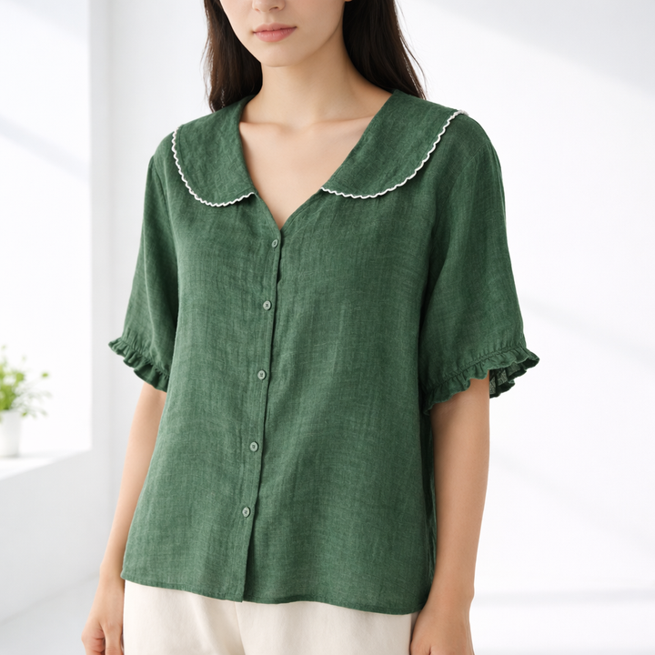 Women's Linen Blend Peter Pan Collar Short Sleeve Blouse Top