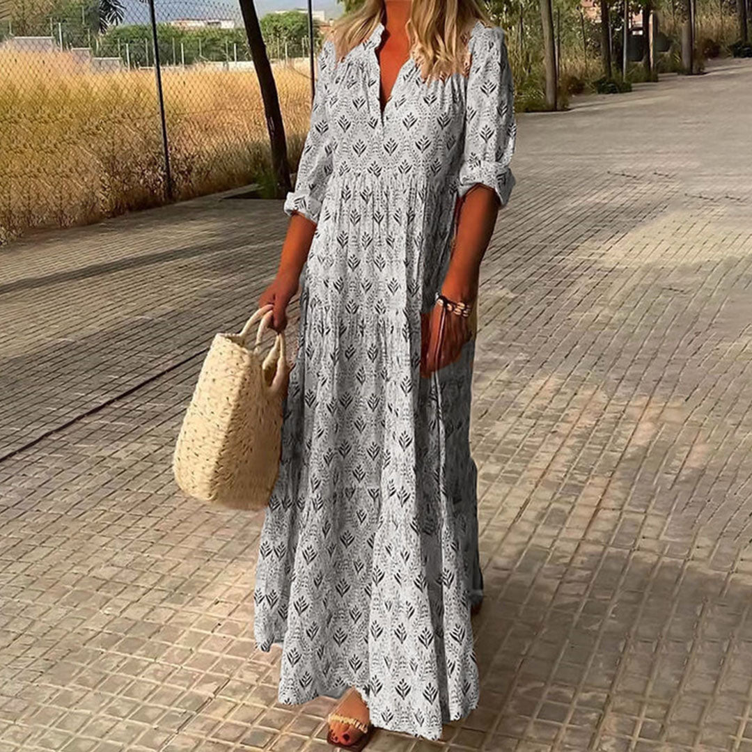 Linen Women Boho Maxi V-Neck Long Sleeve Flowy Kaftan Dress