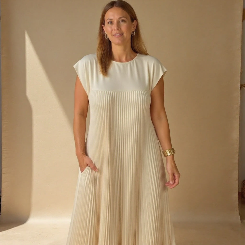 Women's Pleated Linen Maxi Dress Casual Sundress Loose Fit