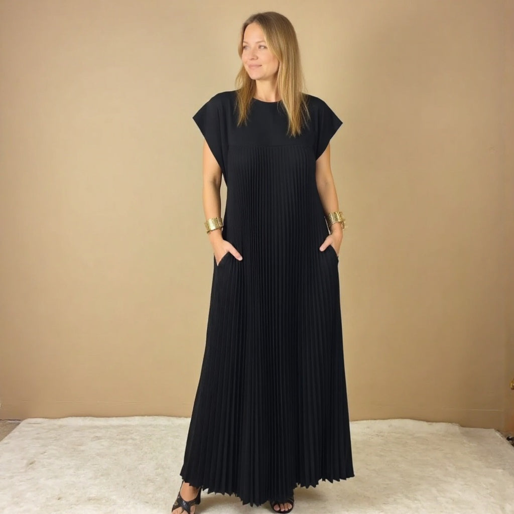 Women's Pleated Linen Maxi Dress Casual Sundress Loose Fit