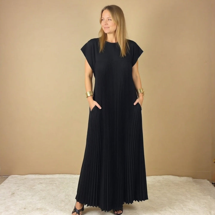 Women's Pleated Linen Maxi Dress Casual Sundress Loose Fit
