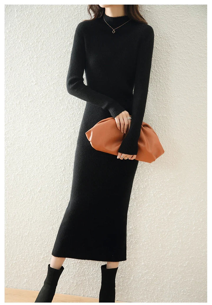 Women's Wool Knit Ribbed Long Sleeve Midi Dress 