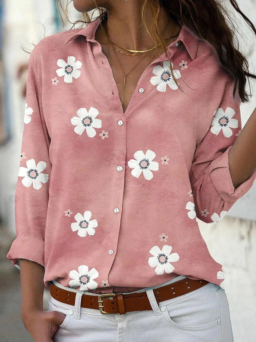 Linen Floral Print Women's Button Down Blouse