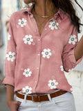 Linen Floral Print Women's Button Down Blouse