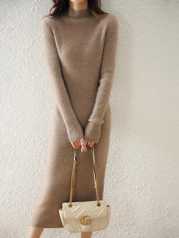 Women's Wool Knit Ribbed Long Sleeve Midi Dress 