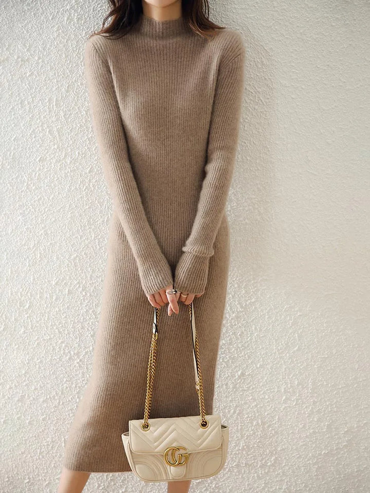 Women's Wool Knit Ribbed Long Sleeve Midi Dress 