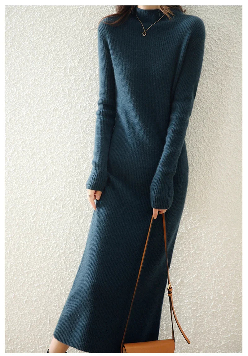 Women's Wool Knit Ribbed Long Sleeve Midi Dress 
