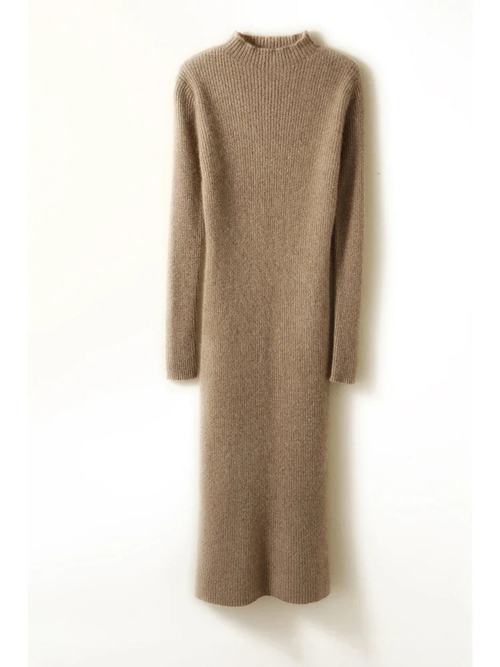 Women's Wool Knit Ribbed Long Sleeve Midi Dress 