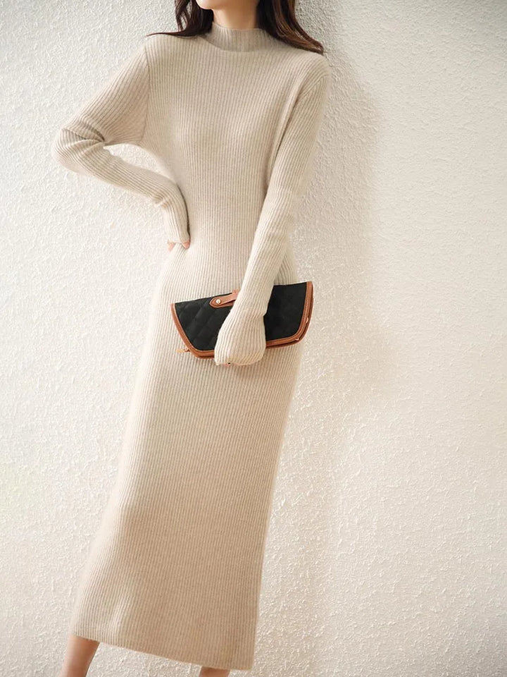Women's Wool Knit Ribbed Long Sleeve Midi Dress 