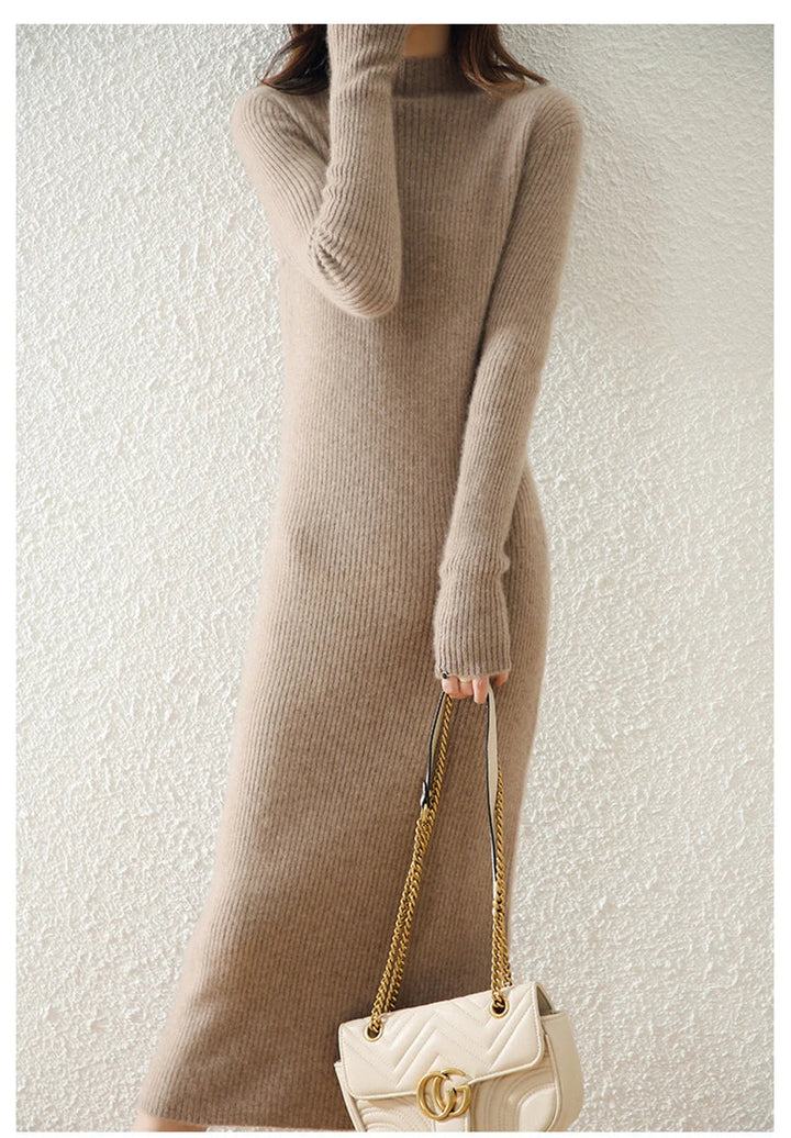 Women's Wool Knit Ribbed Long Sleeve Midi Dress 