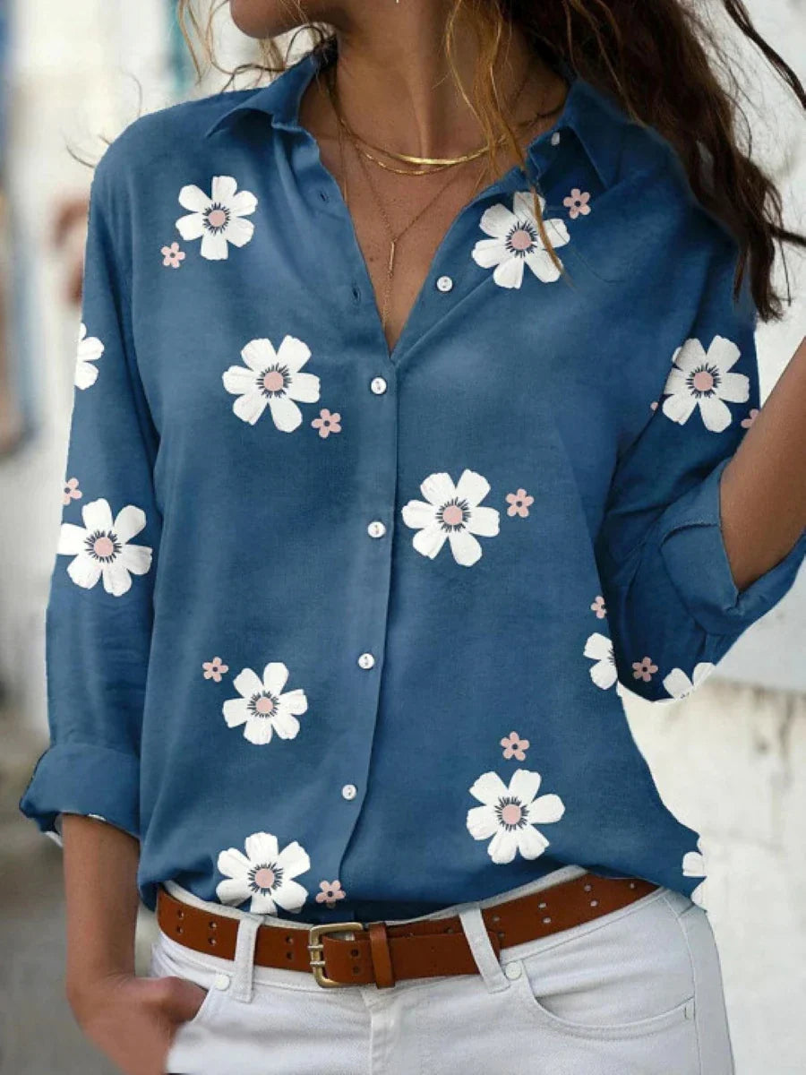 Linen Floral Print Women's Button Down Blouse