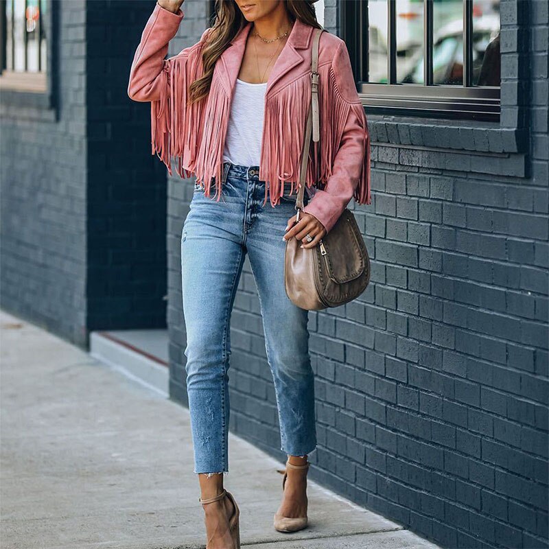 Women’s Faux Suede Western Fringe Jacket Modern Cut Top